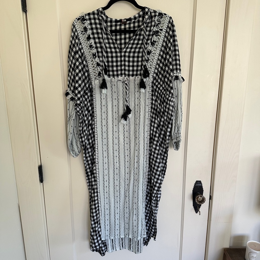 Dodo Bar Or Black and White Gingham Checkered Tassel 100% Cotton Caftan / Kaftan